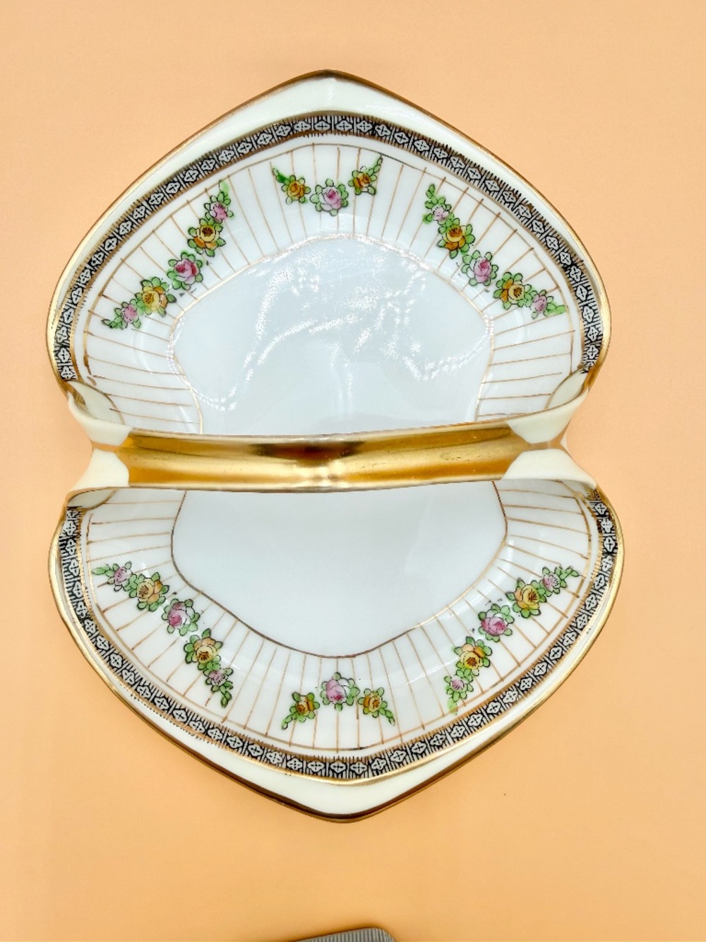 Antique Hand Painted Nippon M in Wreath Relish Trinket Dish Gold Trim